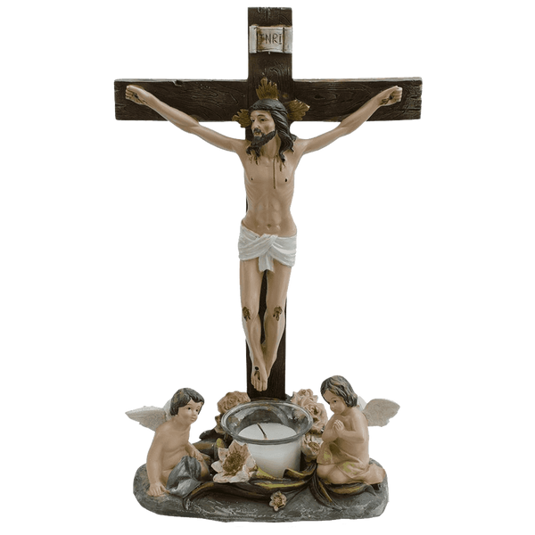 14.5 Angels at Jesus on Crucifix with Candle Religious Catholic Figurine