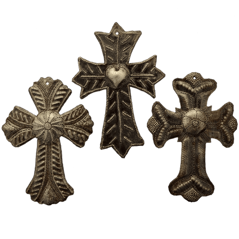 Metal Cross Religious Crosses Hand Crafted in Haiti From Recycled Oil Drums Set of 3