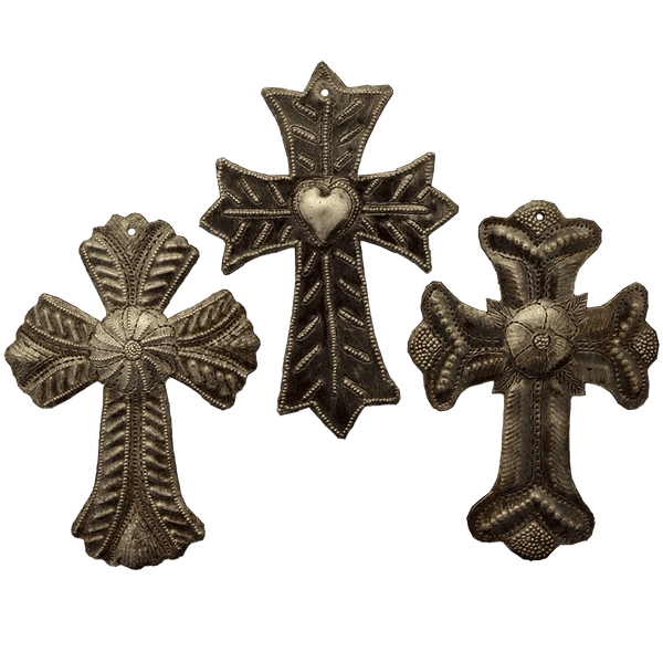 Metal Cross Religious Crosses Hand Crafted in Haiti From Recycled Oil Drums Set of 3
